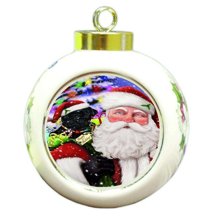 Jolly Old Saint Nick Santa Holding Pug Dog and Happy Holiday Gifts Round Ball Christmas Ornament D189