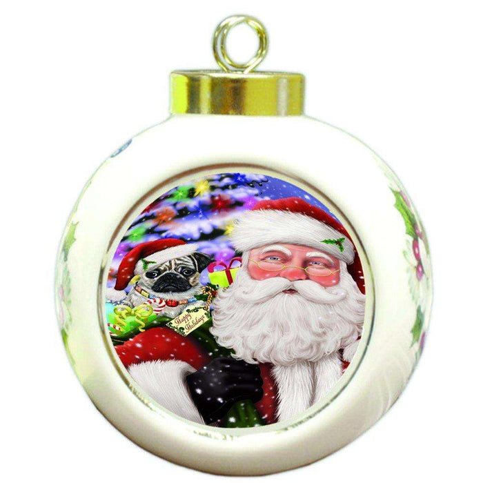 Jolly Old Saint Nick Santa Holding Pug Dog and Happy Holiday Gifts Round Ball Christmas Ornament D190