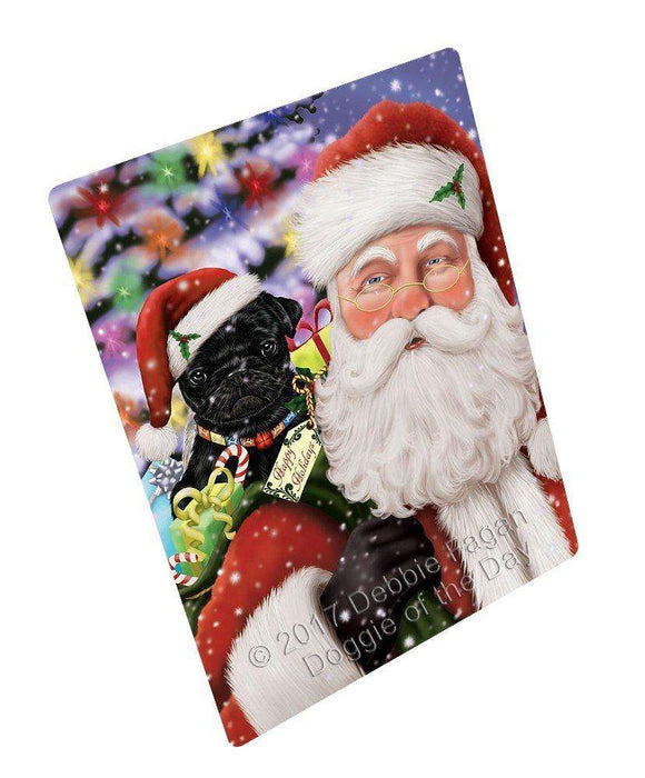 Jolly Old Saint Nick Santa Holding Pug Dog and Happy Holiday Gifts Tempered Cutting Board (Small)