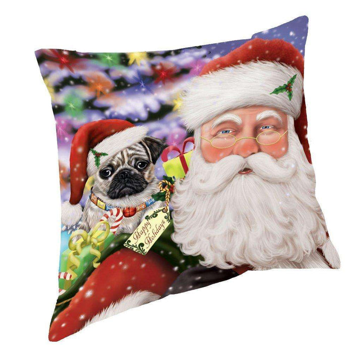 Jolly Old Saint Nick Santa Holding Pug Dog and Happy Holiday Gifts Throw Pillow