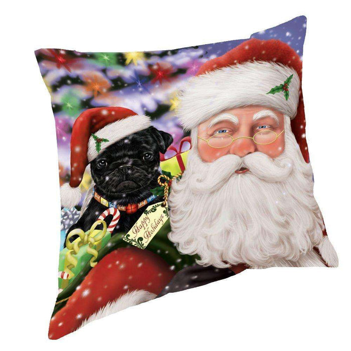 Jolly Old Saint Nick Santa Holding Pug Dog and Happy Holiday Gifts Throw Pillow