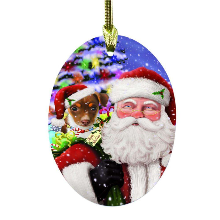 Jolly Old Saint Nick Santa Holding Rat Terrier Dog and Happy Holiday Gifts Oval Glass Christmas Ornament OGOR48877