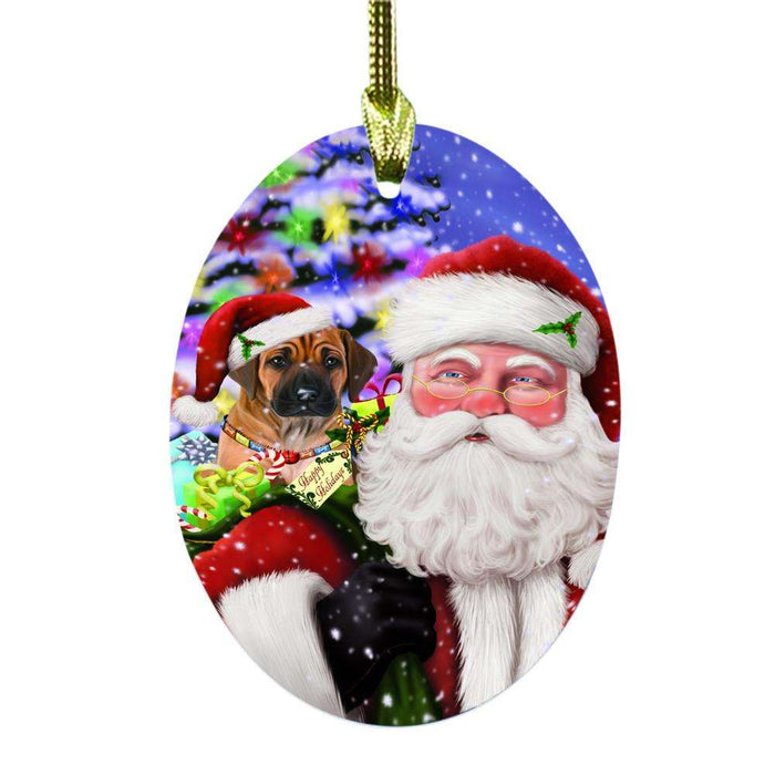 Jolly Old Saint Nick Santa Holding Rhodesian Ridgeback Dog and Happy Holiday Gifts Oval Glass Christmas Ornament OGOR48878