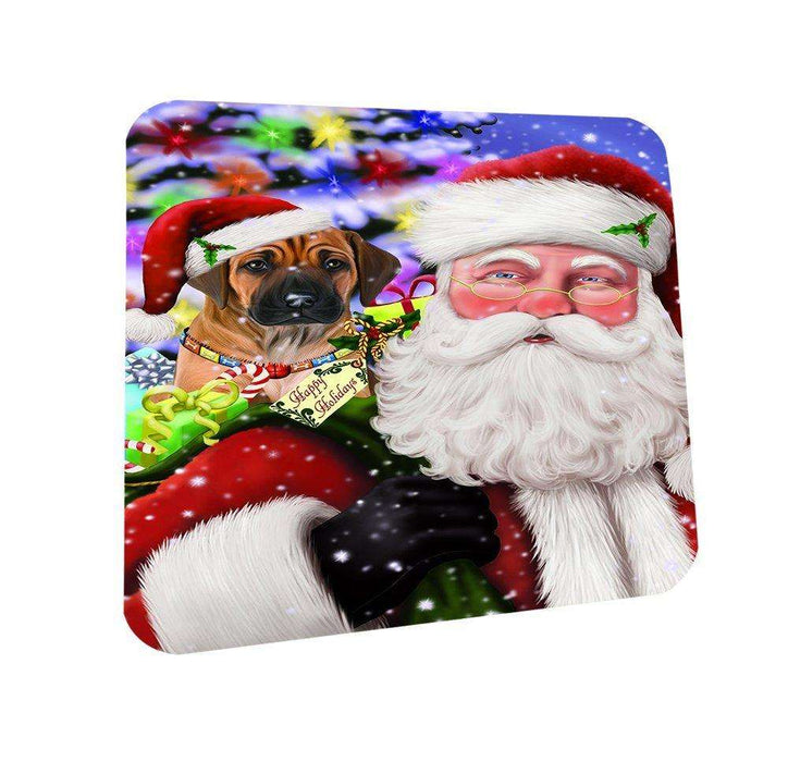 Jolly Old Saint Nick Santa Holding Rhodesian Ridgebacks Dog and Happy Holiday Gifts Coasters Set of 4