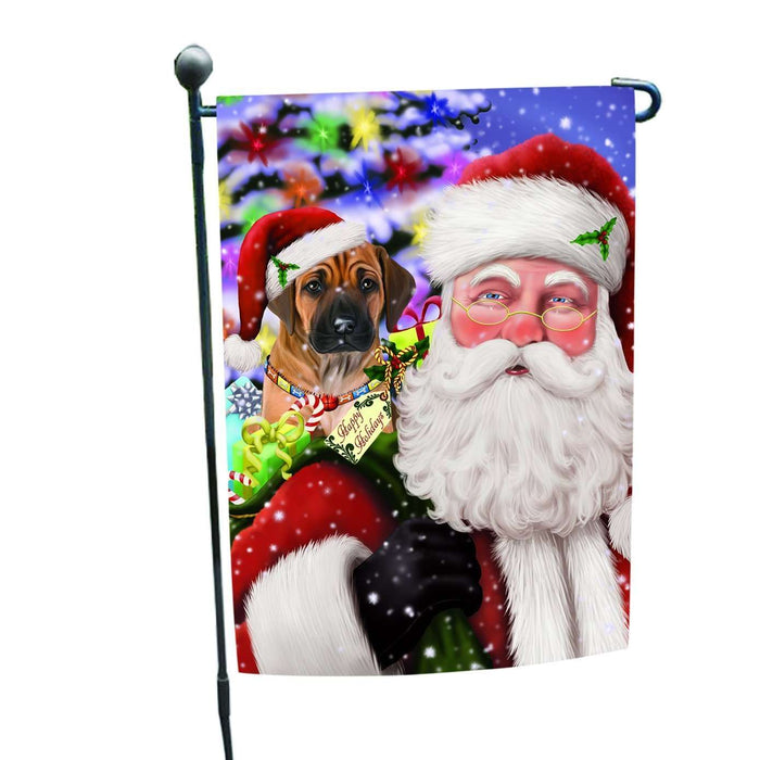 Jolly Old Saint Nick Santa Holding Rhodesian Ridgebacks Dog and Happy Holiday Gifts Garden Flag