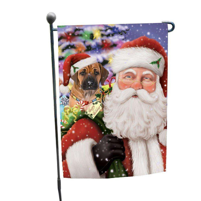 Jolly Old Saint Nick Santa Holding Rhodesian Ridgebacks Dog and Happy Holiday Gifts Garden Flag