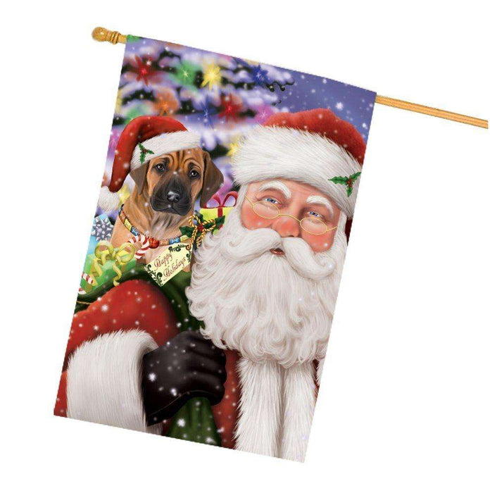 Jolly Old Saint Nick Santa Holding Rhodesian Ridgebacks Dog and Happy Holiday Gifts House Flag