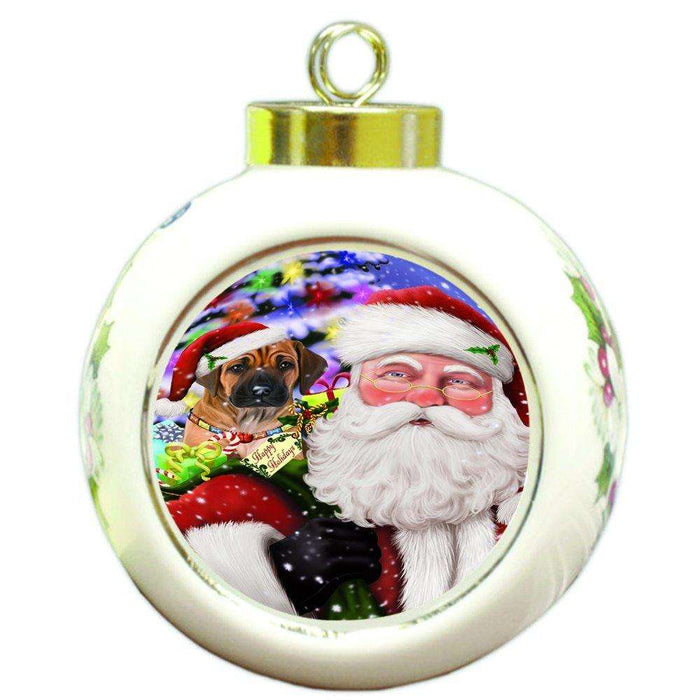 Jolly Old Saint Nick Santa Holding Rhodesian Ridgebacks Dog and Happy Holiday Gifts Round Ball Christmas Ornament D191