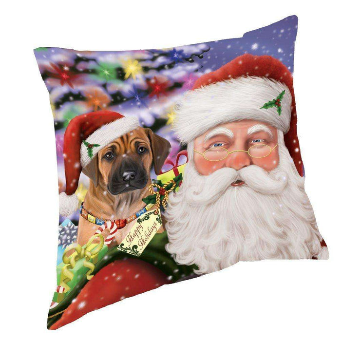 Jolly Old Saint Nick Santa Holding Rhodesian Ridgebacks Dog and Happy Holiday Gifts Throw Pillow