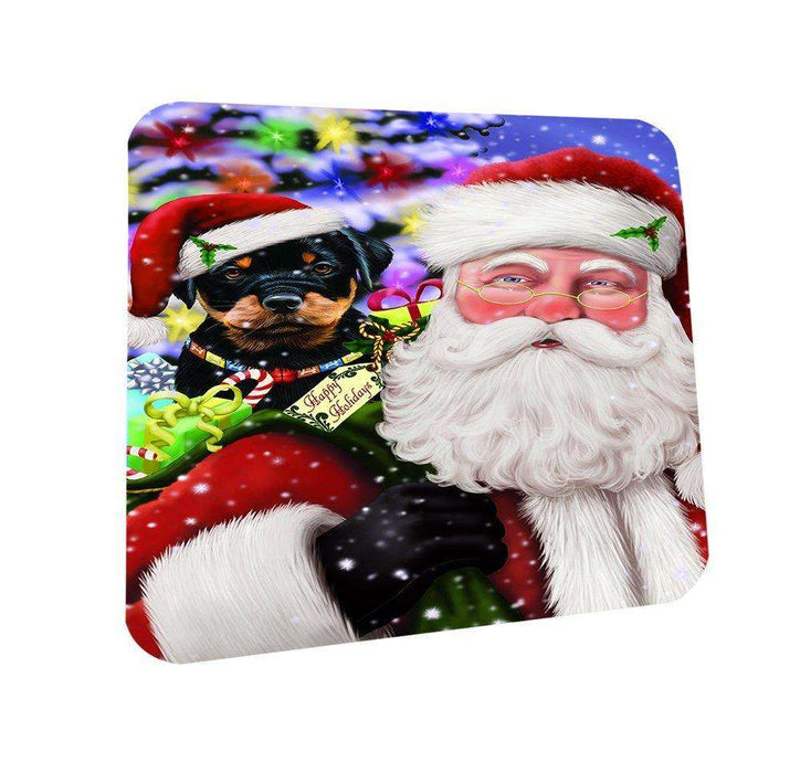 Jolly Old Saint Nick Santa Holding Rottweiler Dog and Happy Holiday Gifts Coasters Set of 4