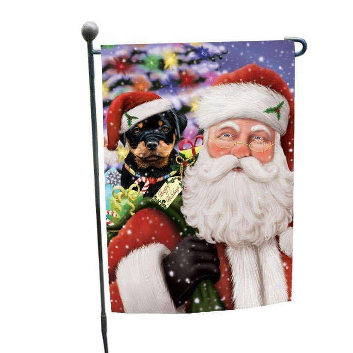 Jolly Old Saint Nick Santa Holding Rottweiler Dog and Happy Holiday Gifts Garden Flag