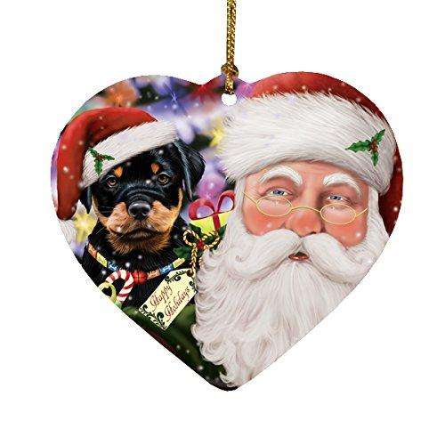 Jolly Old Saint Nick Santa Holding Rottweiler Dog and Happy Holiday Gifts Heart Christmas Ornament