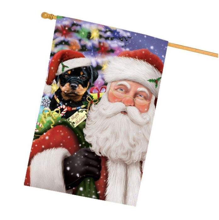 Jolly Old Saint Nick Santa Holding Rottweiler Dog and Happy Holiday Gifts House Flag