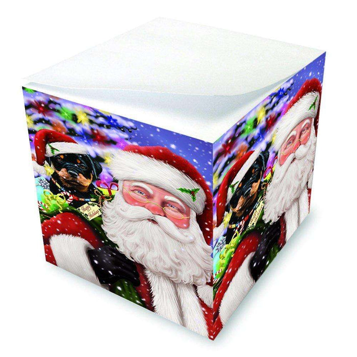 Jolly Old Saint Nick Santa Holding Rottweiler Dog and Happy Holiday Gifts Note Cube D222