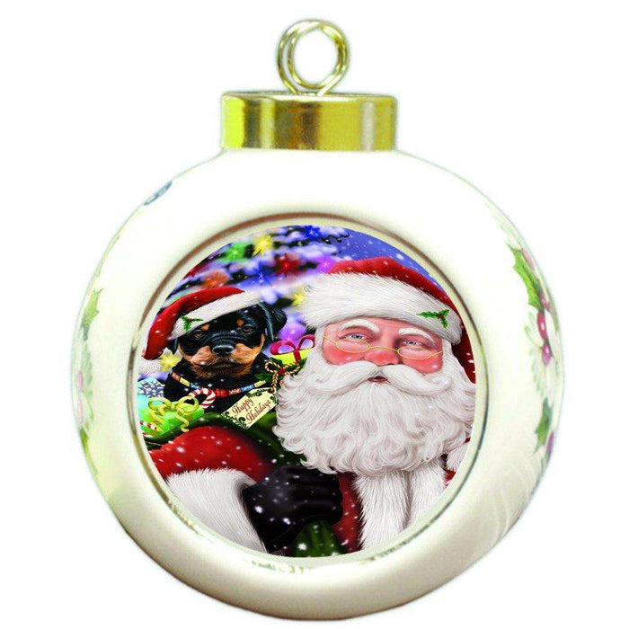 Jolly Old Saint Nick Santa Holding Rottweiler Dog and Happy Holiday Gifts Round Ball Christmas Ornament D192