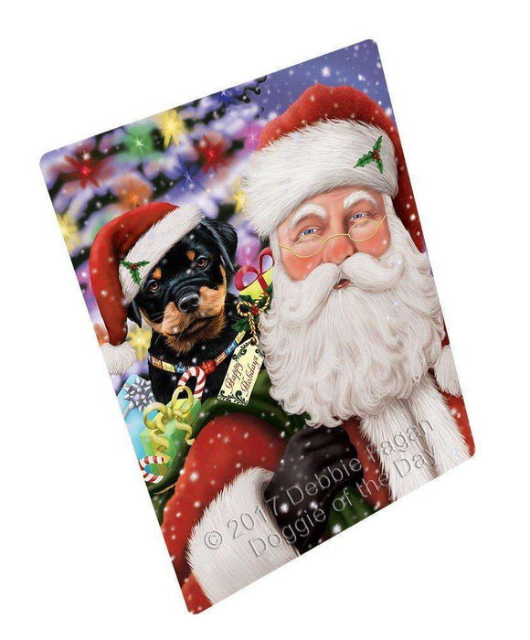 Jolly Old Saint Nick Santa Holding Rottweiler Dog and Happy Holiday Gifts Tempered Cutting Board (Small)