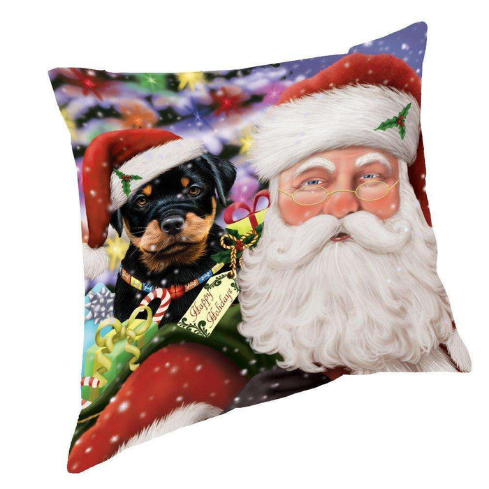 Jolly Old Saint Nick Santa Holding Rottweiler Dog and Happy Holiday Gifts Throw Pillow