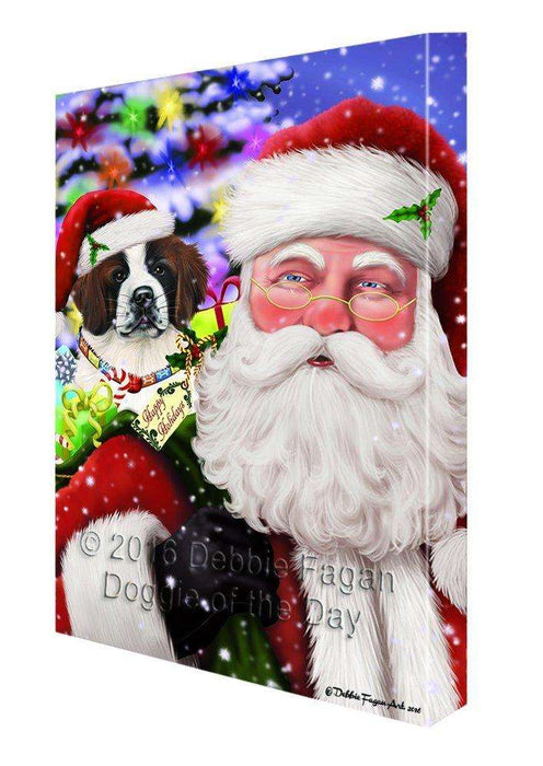 Jolly Old Saint Nick Santa Holding Saint Bernard Dog and Happy Holiday Gifts Canvas Wall Art