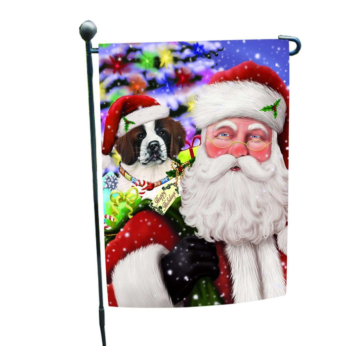 Jolly Old Saint Nick Santa Holding Saint Bernard Dog and Happy Holiday Gifts Garden Flag
