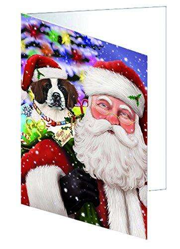 Jolly Old Saint Nick Santa Holding Saint Bernard Dog and Happy Holiday Gifts Handmade Artwork Assorted Pets Greeting Cards and Note Cards with Envelopes for All Occasions and Holiday Seasons