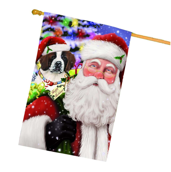 Jolly Old Saint Nick Santa Holding Saint Bernard Dog and Happy Holiday Gifts House Flag