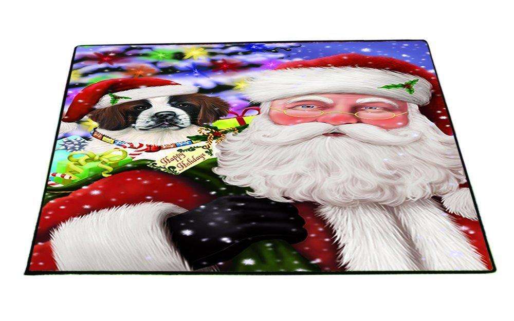 Jolly Old Saint Nick Santa Holding Saint Bernard Dog and Happy Holiday Gifts Indoor/Outdoor Floormat