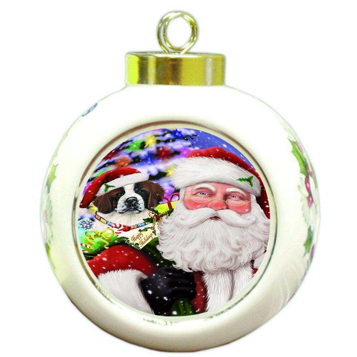 Jolly Old Saint Nick Santa Holding Saint Bernard Dog and Happy Holiday Gifts Round Ball Christmas Ornament D411