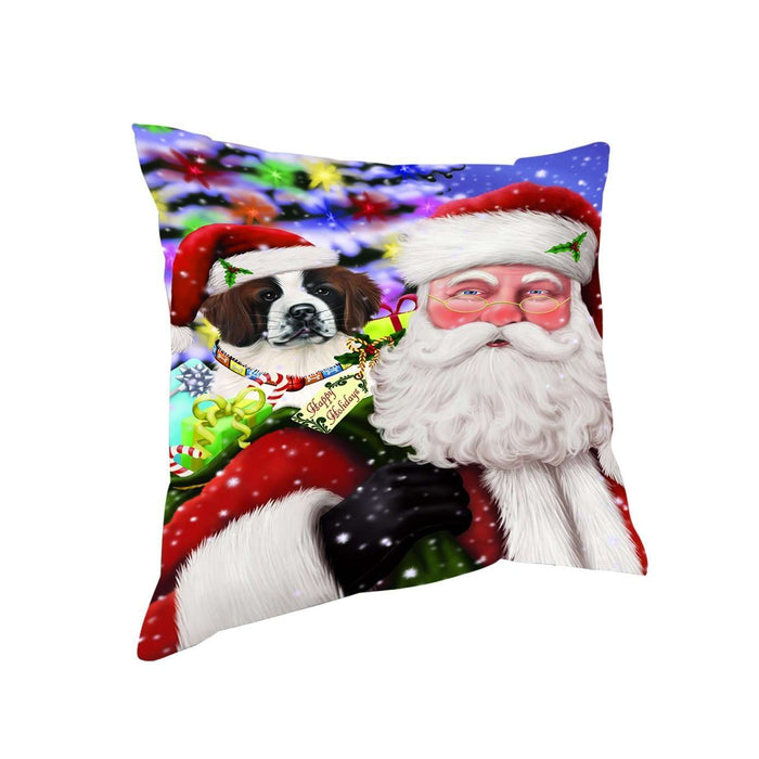 Jolly Old Saint Nick Santa Holding Saint Bernard Dog and Happy Holiday Gifts Throw Pillow