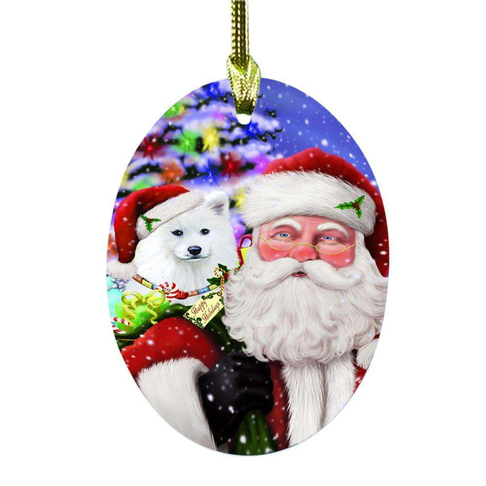 Jolly Old Saint Nick Santa Holding Samoyed Dog and Happy Holiday Gifts Oval Glass Christmas Ornament OGOR48881