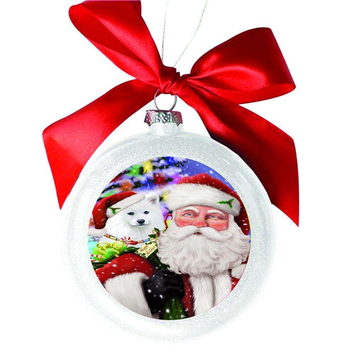 Jolly Old Saint Nick Santa Holding Samoyed Dog and Happy Holiday Gifts White Round Ball Christmas Ornament WBSOR48881