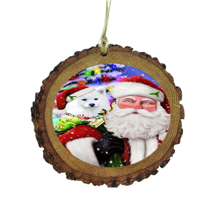 Jolly Old Saint Nick Santa Holding Samoyed Dog and Happy Holiday Gifts Wooden Christmas Ornament WOR48881