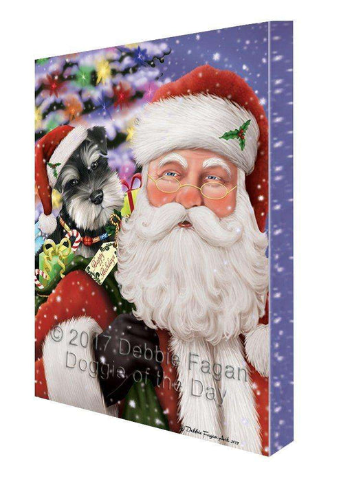 Jolly Old Saint Nick Santa Holding Schnauzers Dog and Happy Holiday Gifts Canvas Wall Art