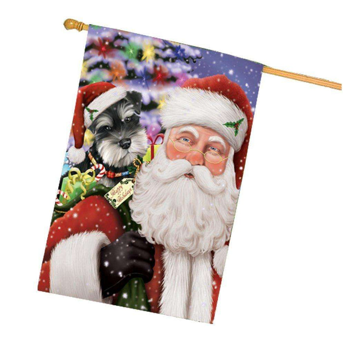 Jolly Old Saint Nick Santa Holding Schnauzers Dog and Happy Holiday Gifts House Flag