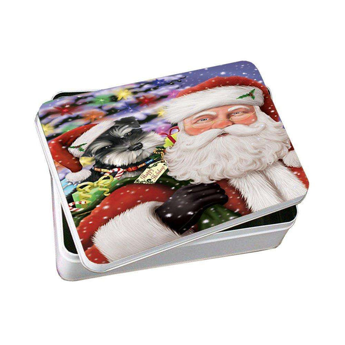 Jolly Old Saint Nick Santa Holding Schnauzers Dog and Happy Holiday Gifts Photo Storage Tin