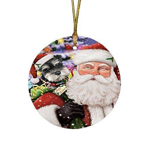 Jolly Old Saint Nick Santa Holding Schnauzers Dog and Happy Holiday Gifts Round Christmas Ornament