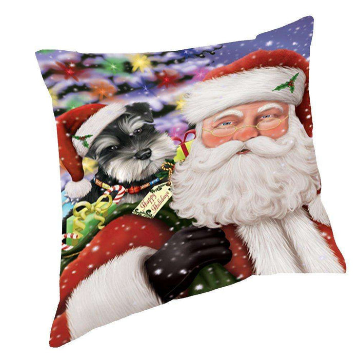 Jolly Old Saint Nick Santa Holding Schnauzers Dog and Happy Holiday Gifts Throw Pillow