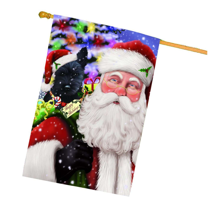 Jolly Old Saint Nick Santa Holding Scottish Terrier Dog and Happy Holiday Gifts House Flag