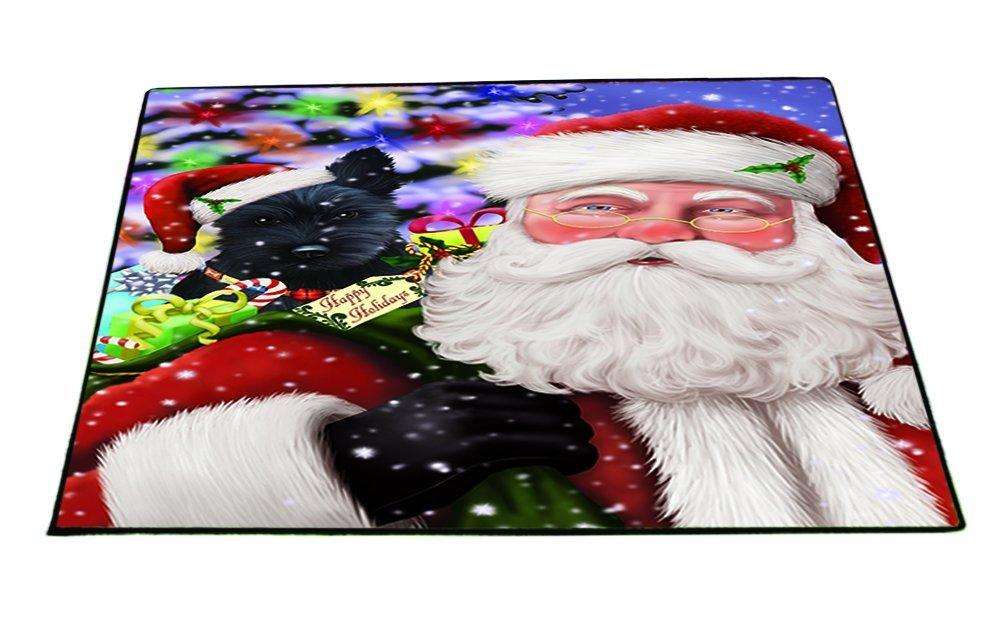 Jolly Old Saint Nick Santa Holding Scottish Terrier Dog and Happy Holiday Gifts Indoor/Outdoor Floormat