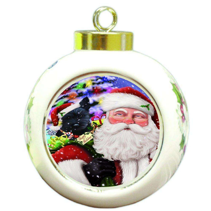 Jolly Old Saint Nick Santa Holding Scottish Terrier Dog and Happy Holiday Gifts Round Ball Christmas Ornament D208