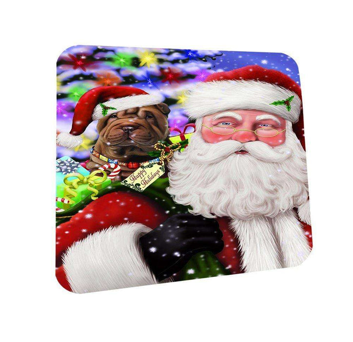 Jolly Old Saint Nick Santa Holding Shar Pei Dog and Happy Holiday Gifts Coasters Set of 4