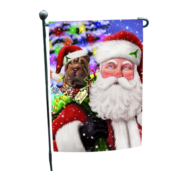 Jolly Old Saint Nick Santa Holding Shar Pei Dog and Happy Holiday Gifts Garden Flag