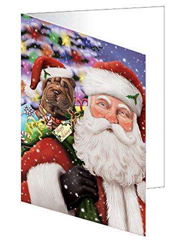 Jolly Old Saint Nick Santa Holding Shar Pei Dog and Happy Holiday Gifts Handmade Artwork Assorted Pets Greeting Cards and Note Cards with Envelopes for All Occasions and Holiday Seasons