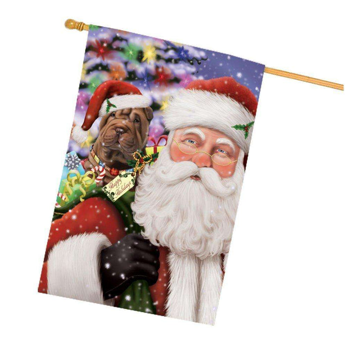 Jolly Old Saint Nick Santa Holding Shar Pei Dog and Happy Holiday Gifts House Flag