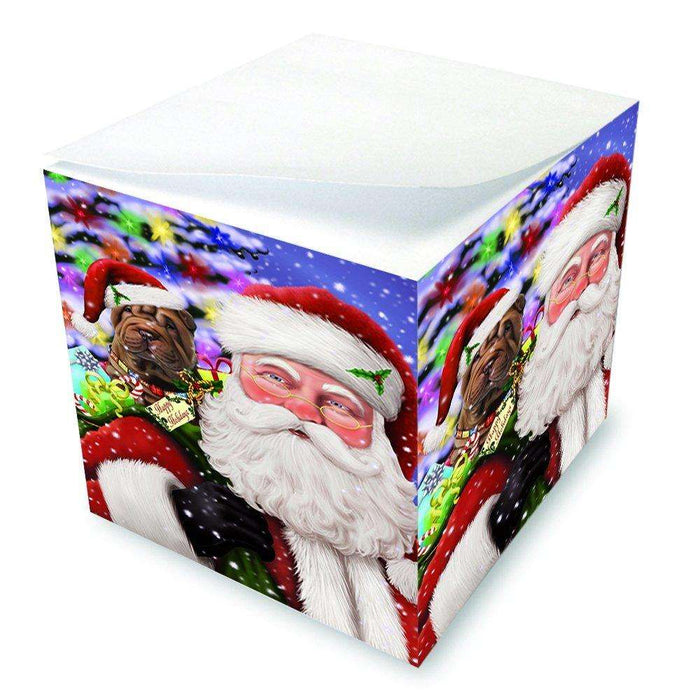 Jolly Old Saint Nick Santa Holding Shar Pei Dog and Happy Holiday Gifts Note Cube D224