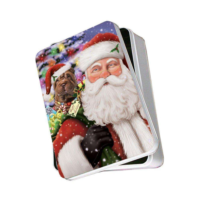 Jolly Old Saint Nick Santa Holding Shar Pei Dog and Happy Holiday Gifts Photo Storage Tin