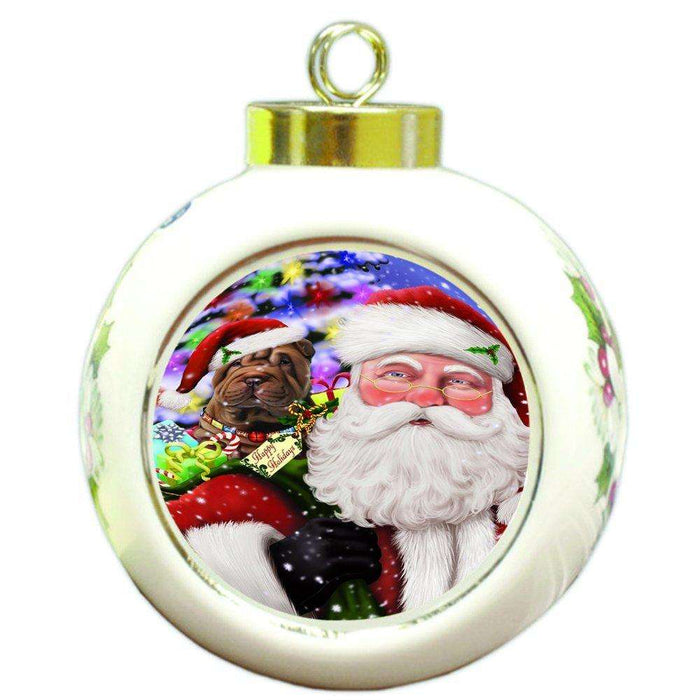 Jolly Old Saint Nick Santa Holding Shar Pei Dog and Happy Holiday Gifts Round Ball Christmas Ornament D194