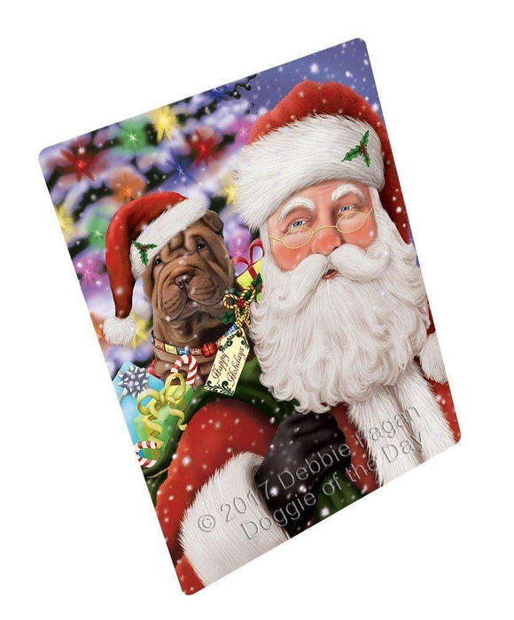 Jolly Old Saint Nick Santa Holding Shar Pei Dog and Happy Holiday Gifts Tempered Cutting Board (Small)