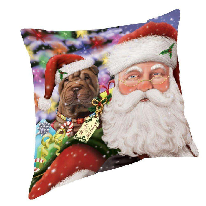 Jolly Old Saint Nick Santa Holding Shar Pei Dog and Happy Holiday Gifts Throw Pillow