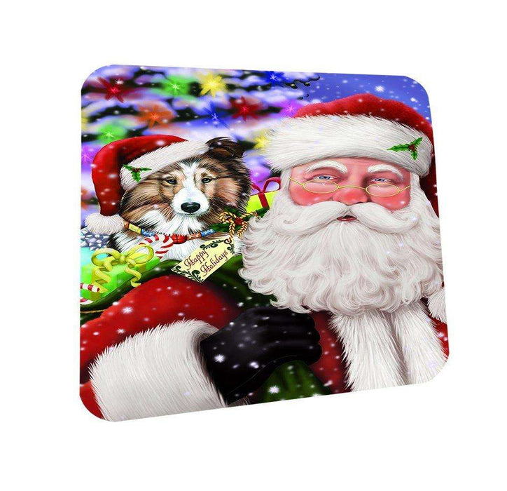 Jolly Old Saint Nick Santa Holding Shetland Dog and Happy Holiday Gifts Coasters Set of 4