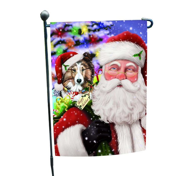 Jolly Old Saint Nick Santa Holding Shetland Dog and Happy Holiday Gifts Garden Flag